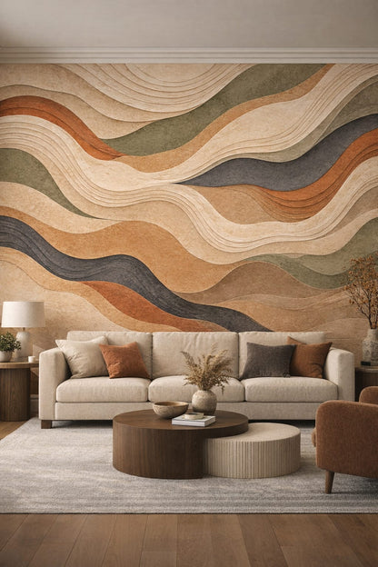 Greige soft-charcoal layered waves - Wall Mural Peel and Stick Wallpaper for Quiet Luxury Living Room.