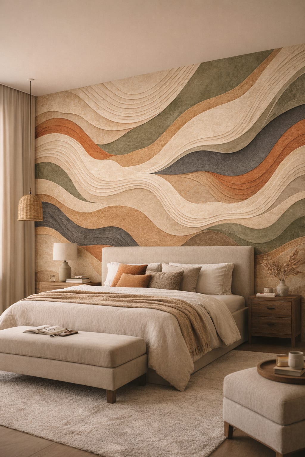 Cream olive Organic Modern layered waves - Wall Mural Peel and Stick Wallpaper for Organic Modern Master Bedroom.