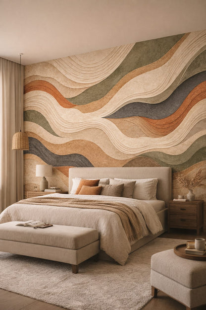 Cream olive Organic Modern layered waves - Wall Mural Peel and Stick Wallpaper for Organic Modern Master Bedroom.
