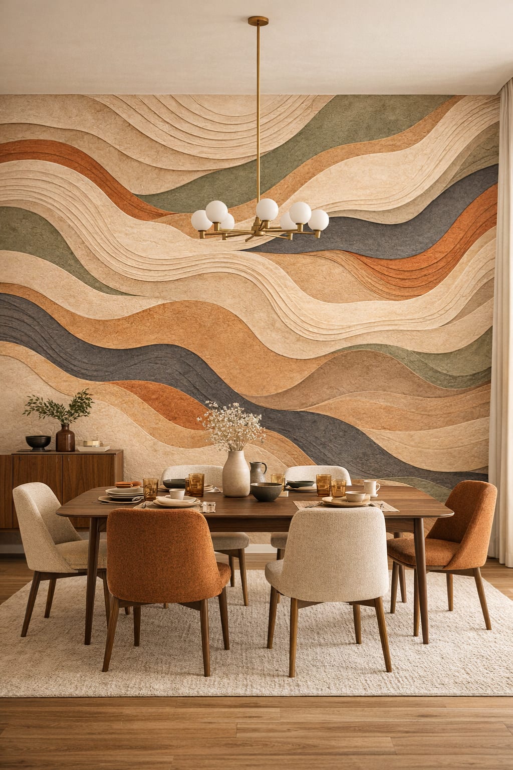 Olive mustard layered waves - Wall Mural Peel and Stick Wallpaper for Mid-century Modern Formal Dining Room.