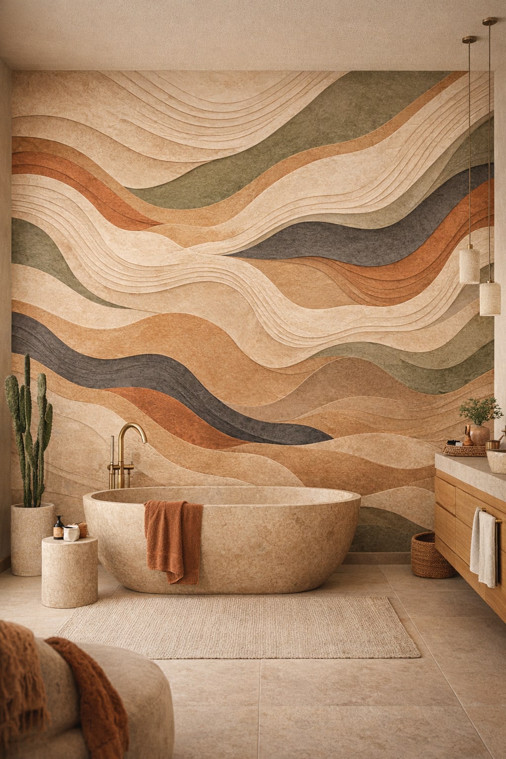 Sand clay layered waves - Wall Mural Peel and Stick Wallpaper for Desert Modern Luxury Bathroom.