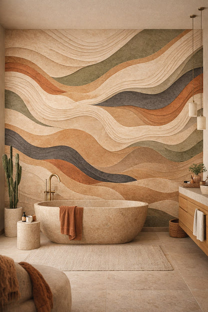 Sand clay layered waves - Wall Mural Peel and Stick Wallpaper for Desert Modern Luxury Bathroom.