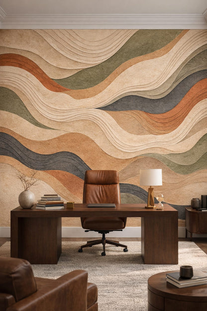 Luxury Contemporary stone-toned layered waves - Wall Mural Peel and Stick Wallpaper for Luxury Contemporary Executive Home Office.