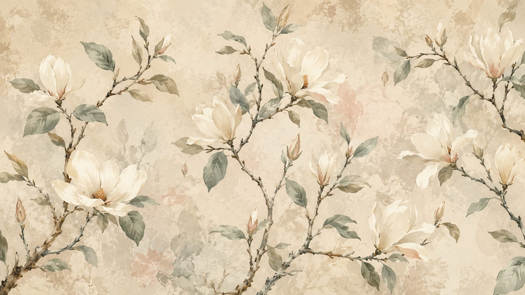 Painterly serene Cream magnolia featuring magnolia blooms - Wall Mural & Peel and Stick Wallpaper for Watercolor Interiors and Premium Home Styling
