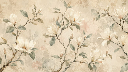 Painterly serene Cream magnolia featuring magnolia blooms - Wall Mural & Peel and Stick Wallpaper for Watercolor Interiors and Premium Home Styling