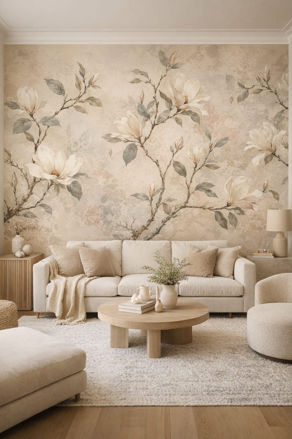 Organic Modern cream magnolia - Wall Mural Peel and Stick Wallpaper for Organic Modern Living Room.