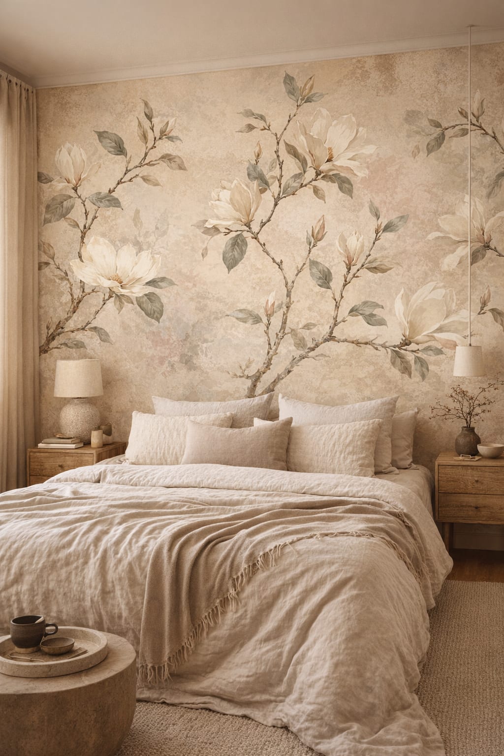 Wabi-sabi earth-tone magnolia - Wall Mural Peel and Stick Wallpaper for Wabi-sabi Master Bedroom.