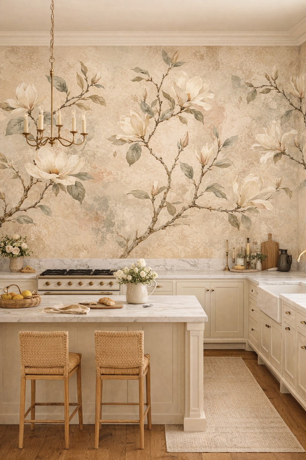 French Country beige magnolia - Wall Mural Peel and Stick Wallpaper for French Country High-end Kitchen.