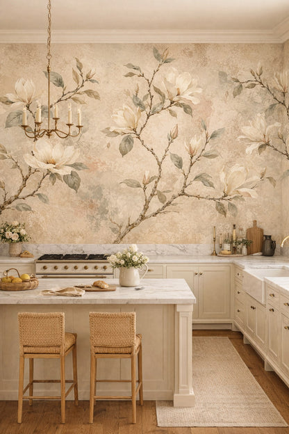 French Country beige magnolia - Wall Mural Peel and Stick Wallpaper for French Country High-end Kitchen.