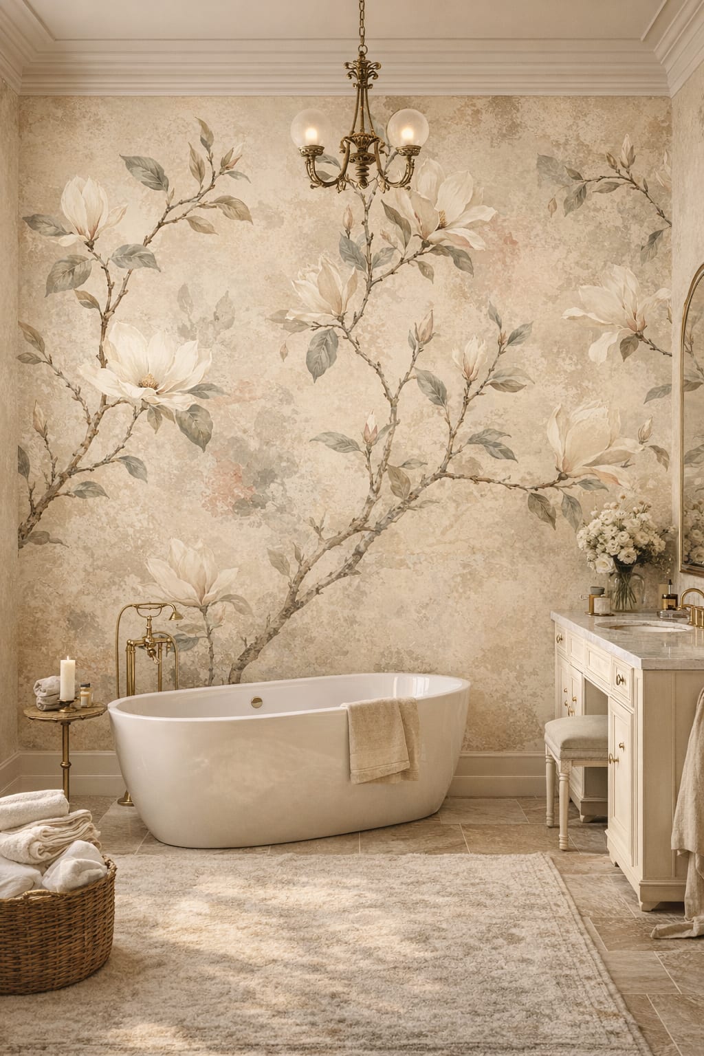 Cream green Art Nouveau magnolia - Wall Mural Peel and Stick Wallpaper for Art Nouveau Luxury Bathroom.