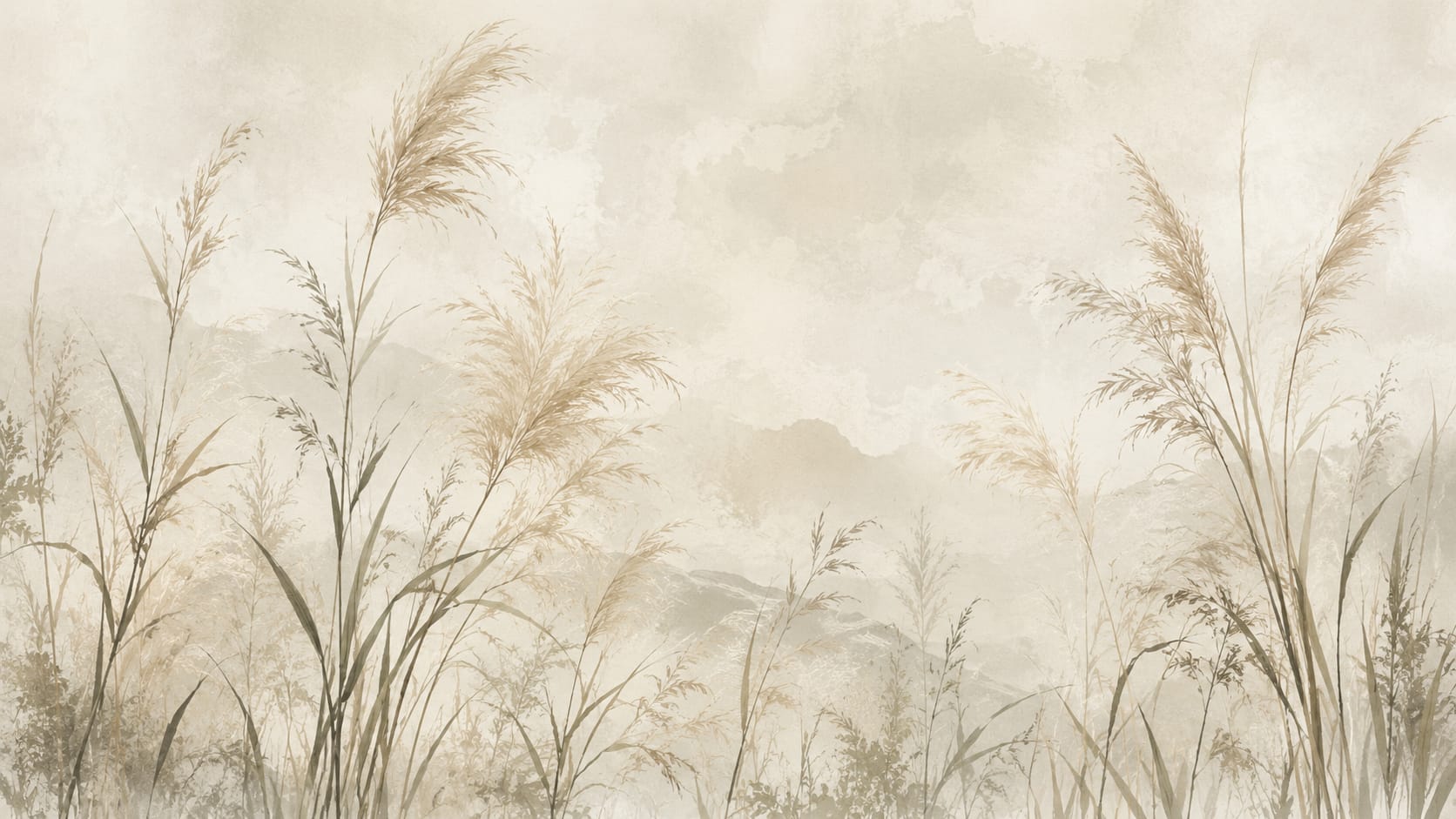 Airy painterly Beige wild grasses featuring misty mountains - Wall Mural & Peel and Stick Wallpaper for Watercolor Interiors and Premium Home Styling