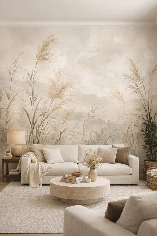 Cream-toned Organic Modern wild grasses featuring misty mountains - Wall Mural Peel and Stick Wallpaper for Organic Modern Living Room.