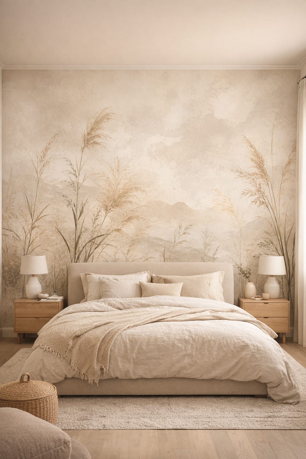 Japandi sand wild grasses featuring misty mountains - Wall Mural Peel and Stick Wallpaper for Japandi Master Bedroom.