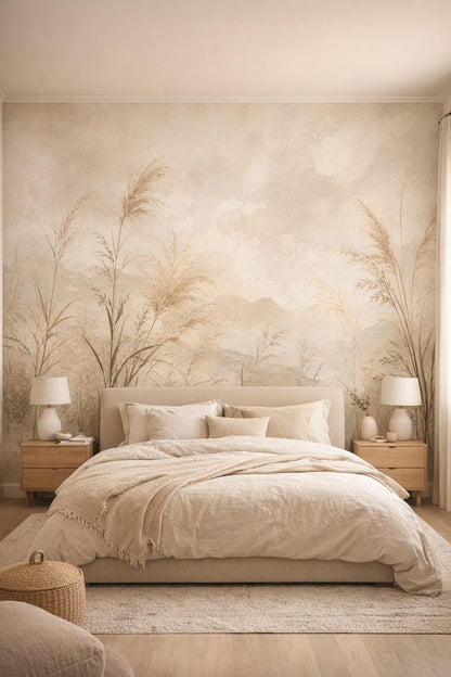 Japandi sand wild grasses featuring misty mountains - Wall Mural Peel and Stick Wallpaper for Japandi Master Bedroom.