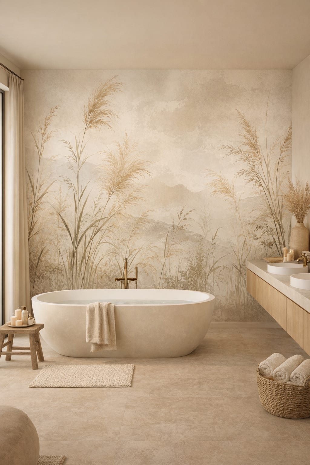 Desert Modern sand-toned wild grasses featuring misty mountains - Wall Mural Peel and Stick Wallpaper for Desert Modern Luxury Bathroom.