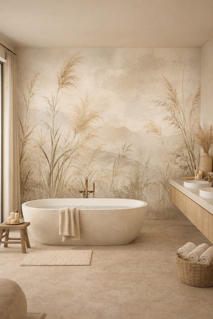 Desert Modern sand-toned wild grasses featuring misty mountains - Wall Mural Peel and Stick Wallpaper for Desert Modern Luxury Bathroom.