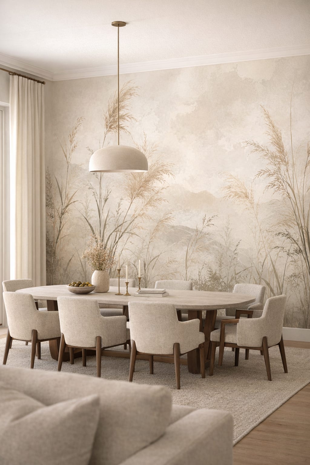 Mediterranean sand wild grasses featuring misty mountains - Wall Mural Peel and Stick Wallpaper for Mediterranean Modern Formal Dining Room.