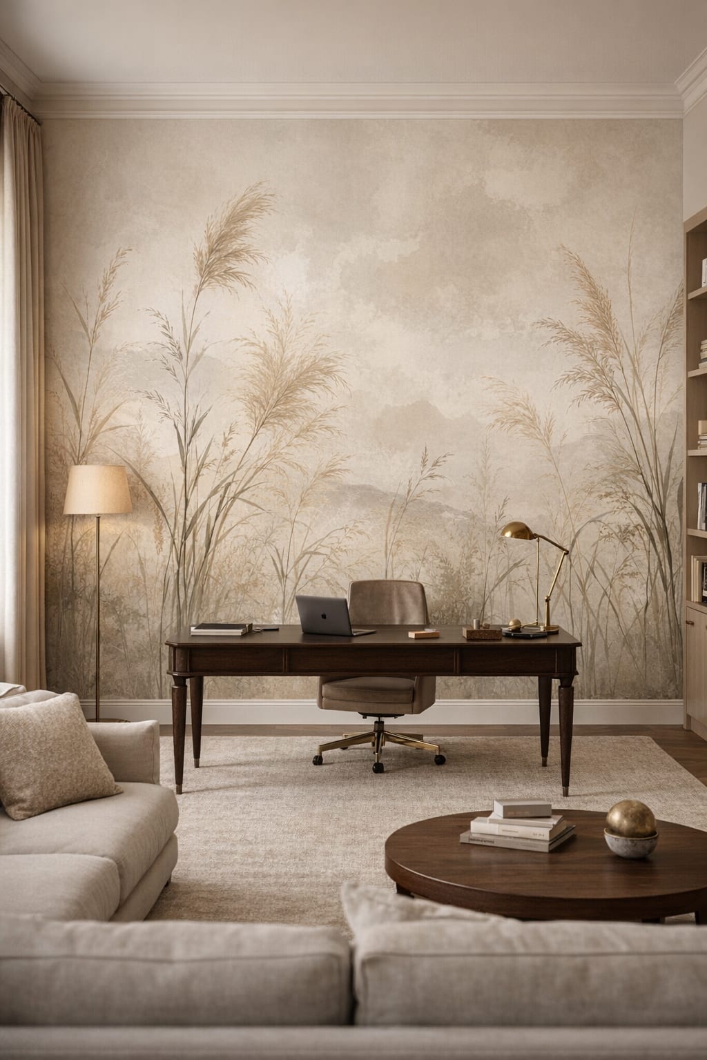 Greige understated wild grasses featuring misty mountains - Wall Mural Peel and Stick Wallpaper for Quiet Luxury Executive Home Office.