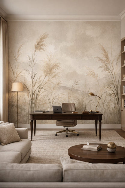 Greige understated wild grasses featuring misty mountains - Wall Mural Peel and Stick Wallpaper for Quiet Luxury Executive Home Office.