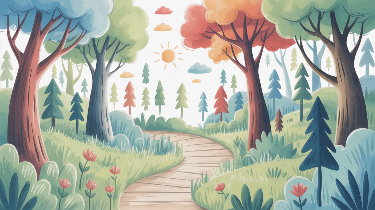 Playful whimsical Sage Green whimsical forest featuring a winding path, sun and clouds - Wall Mural & Peel and Stick Wallpaper for Watercolor Nursery or Kids Room.