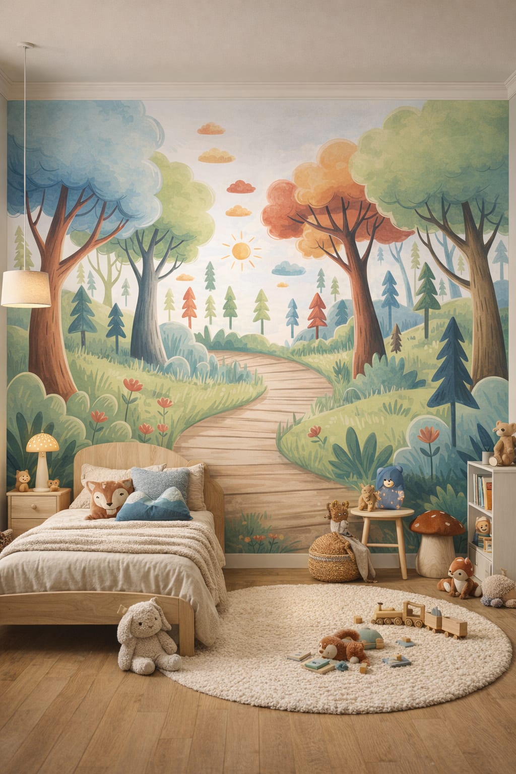 Moss green woodland whimsical forest featuring winding path - Wall Mural Peel and Stick Wallpaper for Woodland / Forest Kids Bedroom.