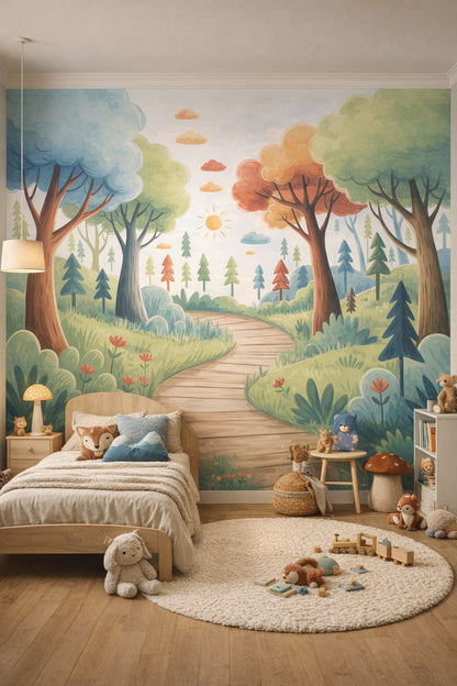 Moss green woodland whimsical forest featuring winding path - Wall Mural Peel and Stick Wallpaper for Woodland / Forest Kids Bedroom.