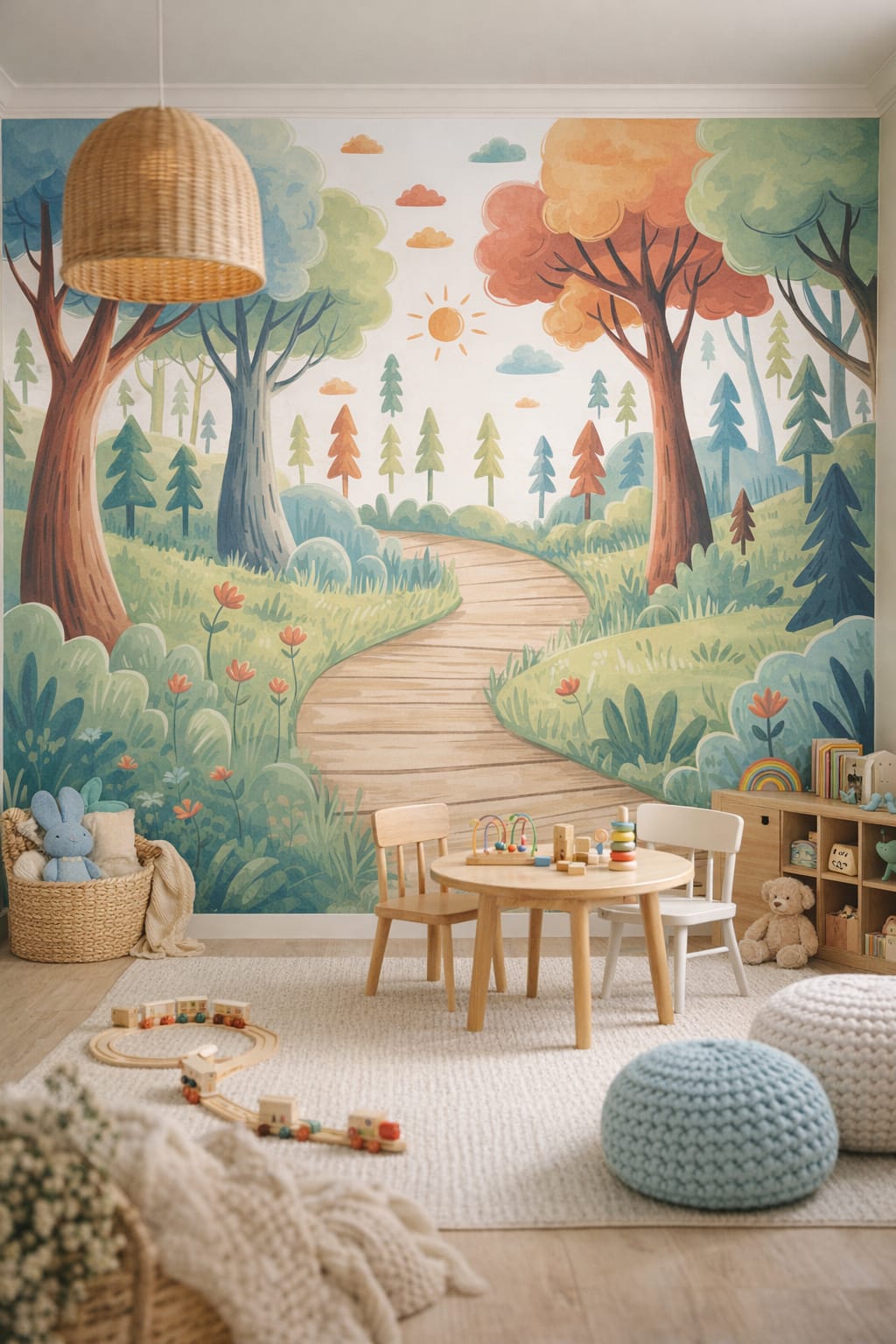 Scandi Kids birch-toned whimsical forest featuring winding path - Wall Mural Peel and Stick Wallpaper for Scandi Kids Playroom.