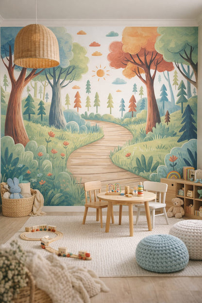 Scandi Kids birch-toned whimsical forest featuring winding path - Wall Mural Peel and Stick Wallpaper for Scandi Kids Playroom.