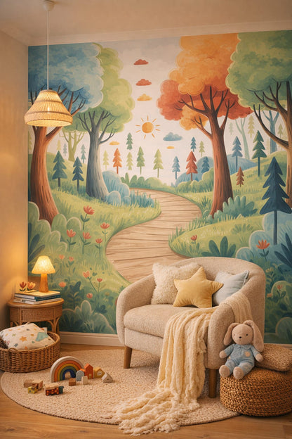 Whimsical Boho terracotta-sage whimsical forest featuring winding path - Wall Mural Peel and Stick Wallpaper for Whimsical Boho Reading Corner.
