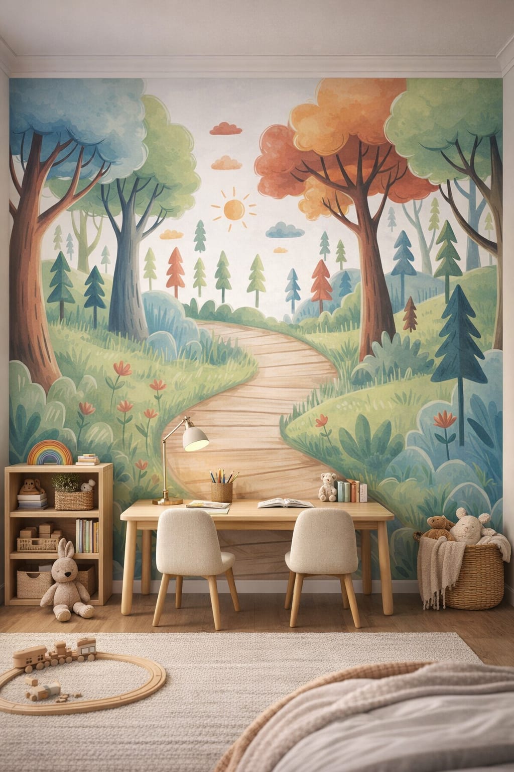 Modern Montessori neutral - whimsical forest featuring winding path - Wall Mural Peel and Stick Wallpaper for Modern Montessori Homework / Study Corner.