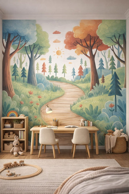 Modern Montessori neutral - whimsical forest featuring winding path - Wall Mural Peel and Stick Wallpaper for Modern Montessori Homework / Study Corner.