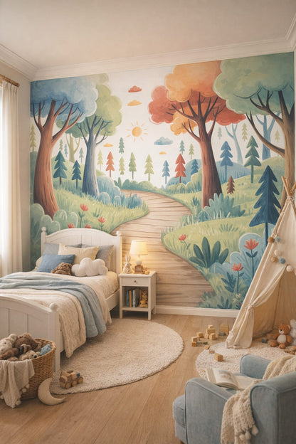 Classic Storybook dusty rose whimsical forest featuring winding path - Wall Mural Peel and Stick Wallpaper for Classic Storybook Kids Bedroom.