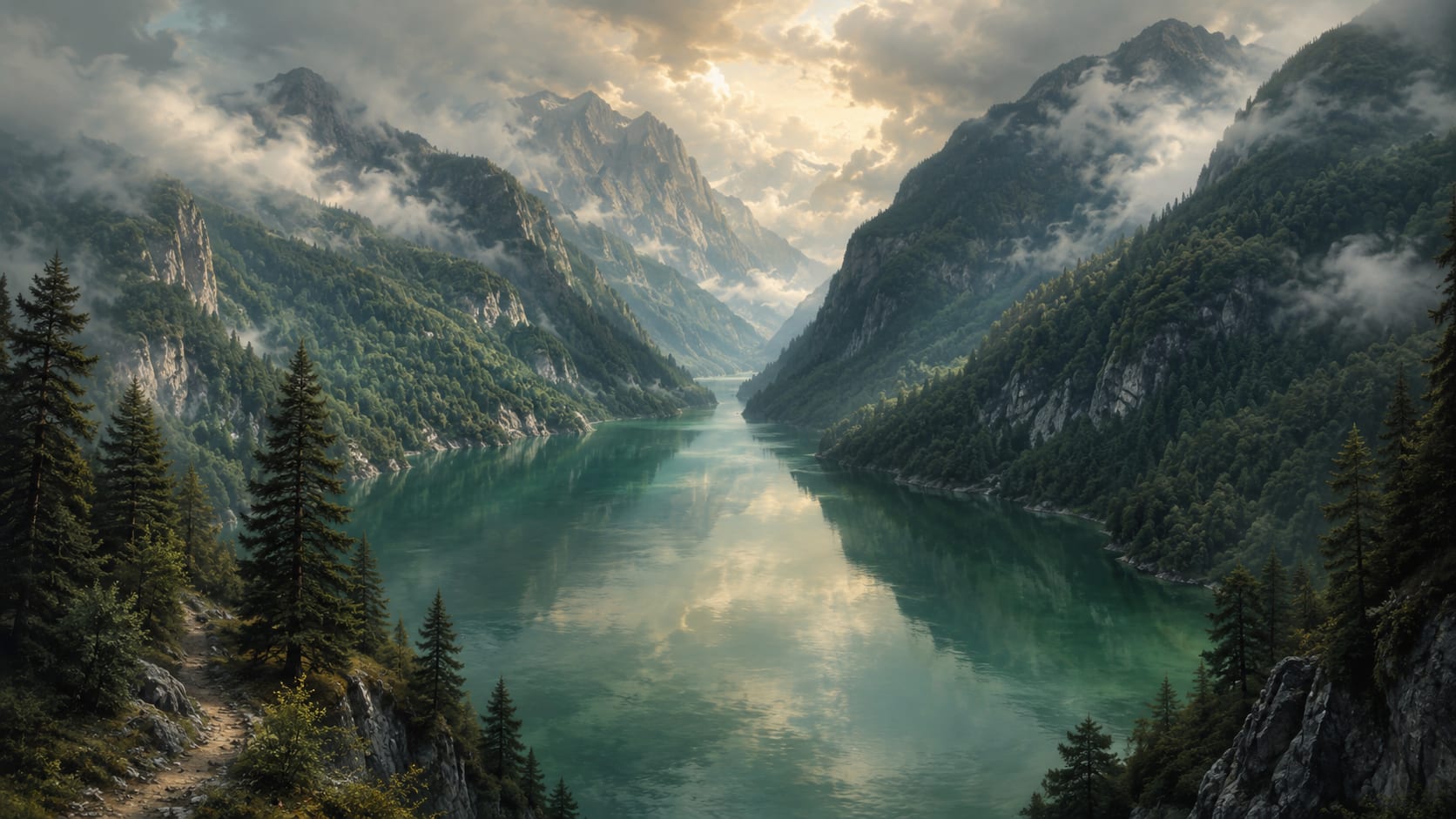 Cinematic serene Deep Green alpine lake featuring mountain landscape and pine forest - Wall Mural & Peel and Stick Wallpaper for Mural Scene Interiors and Premium Home Styling.