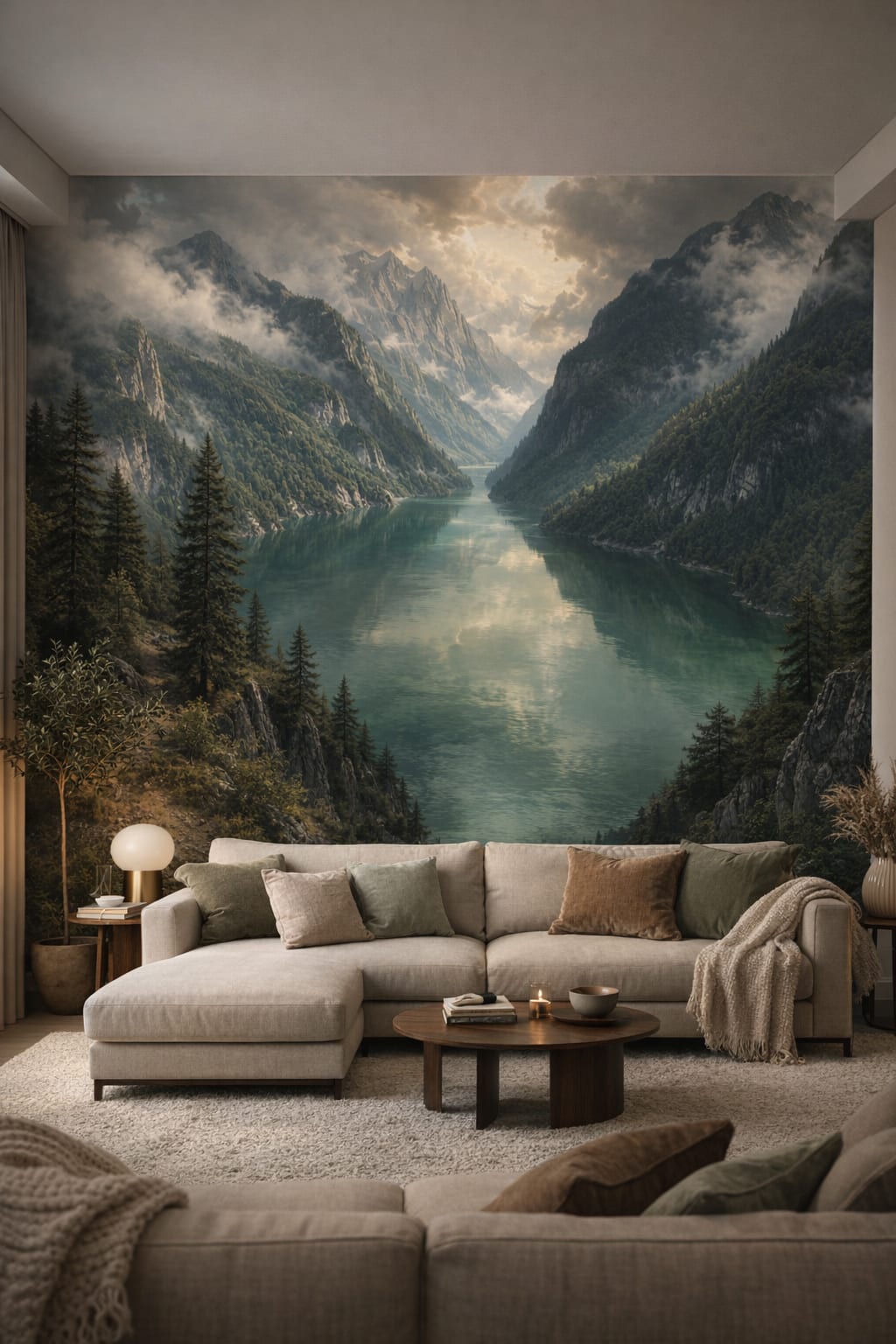 Organic Modern cream-sand alpine lake featuring mountain landscape - Wall Mural Peel and Stick Wallpaper for Organic Modern Living Room.