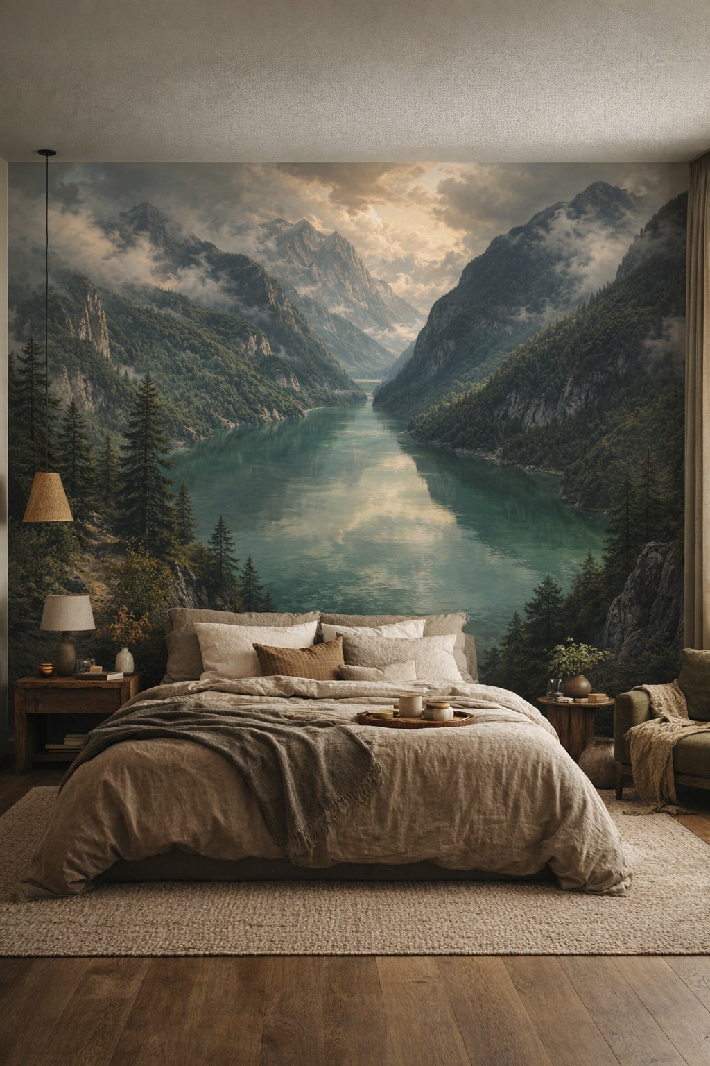 Muted earth-tone Wabi-sabi alpine lake featuring mountain landscape - Wall Mural Peel and Stick Wallpaper for Wabi-sabi Master Bedroom.