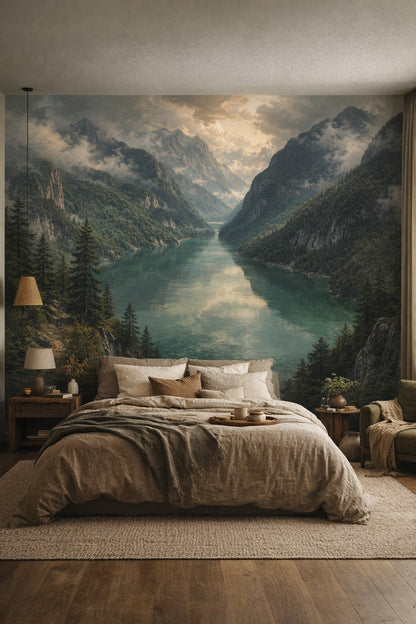 Muted earth-tone Wabi-sabi alpine lake featuring mountain landscape - Wall Mural Peel and Stick Wallpaper for Wabi-sabi Master Bedroom.