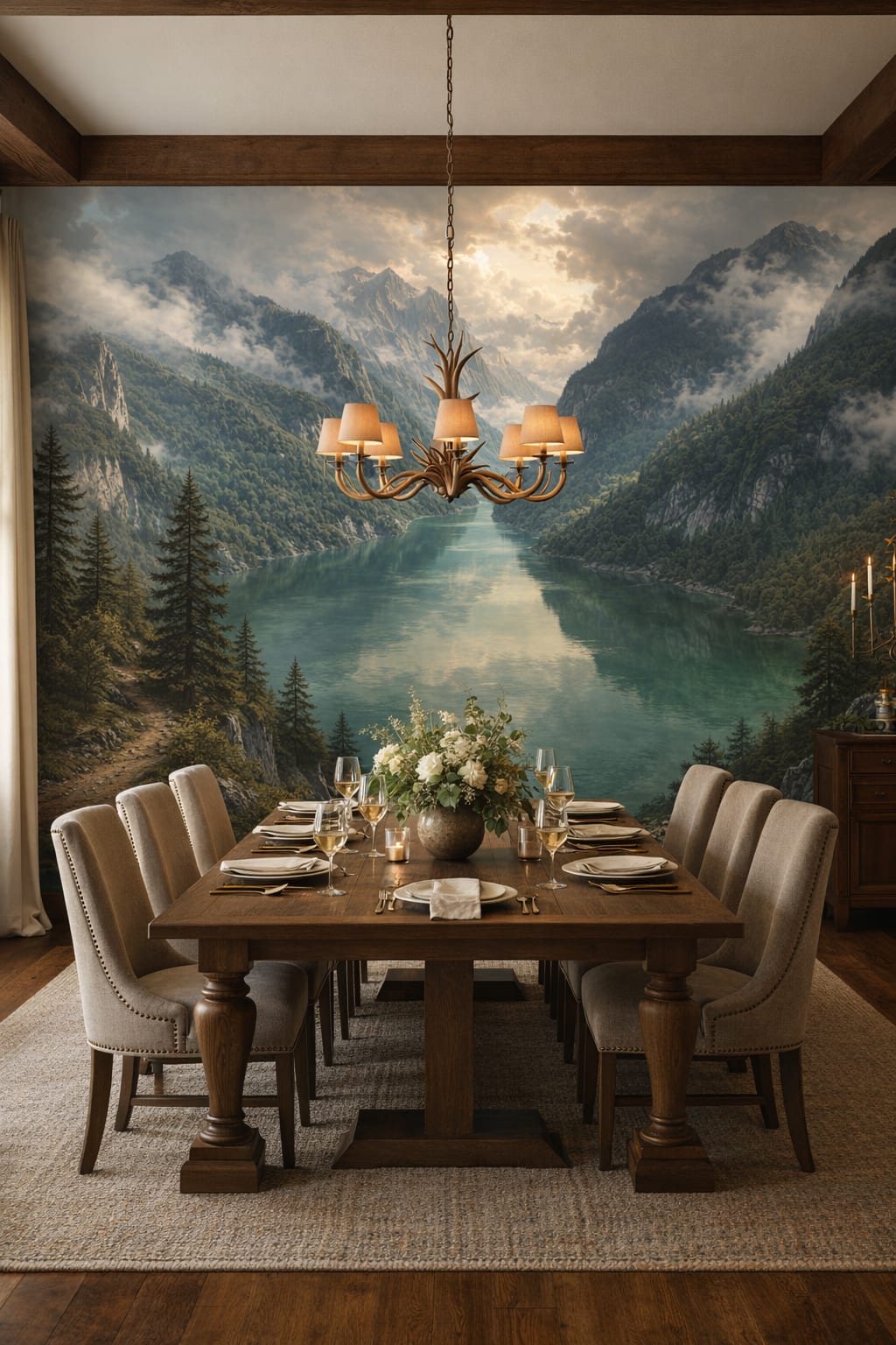 Alpine cream, wood-toned alpine lake featuring mountain landscape - Wall Mural Peel and Stick Wallpaper for Alpine / Chalet Formal Dining Room.