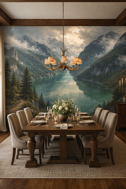 Alpine cream, wood-toned alpine lake featuring mountain landscape - Wall Mural Peel and Stick Wallpaper for Alpine / Chalet Formal Dining Room.