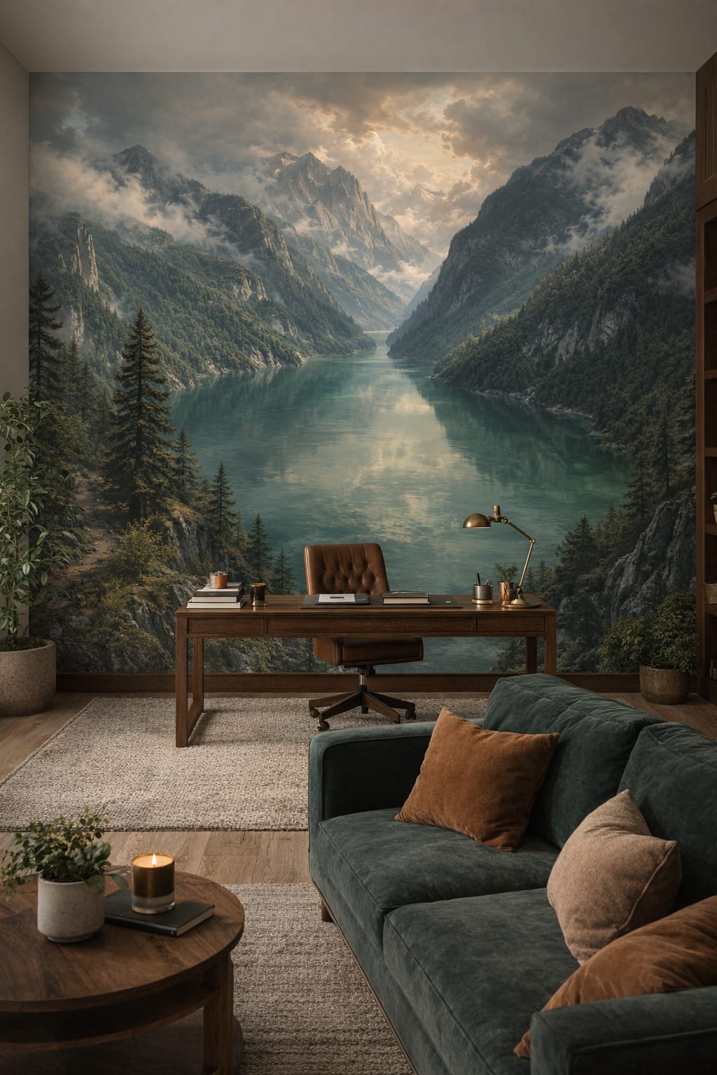 Biophilic green alpine lake featuring pine forest - Wall Mural Peel and Stick Wallpaper for Biophilic Design Executive Home Office.
