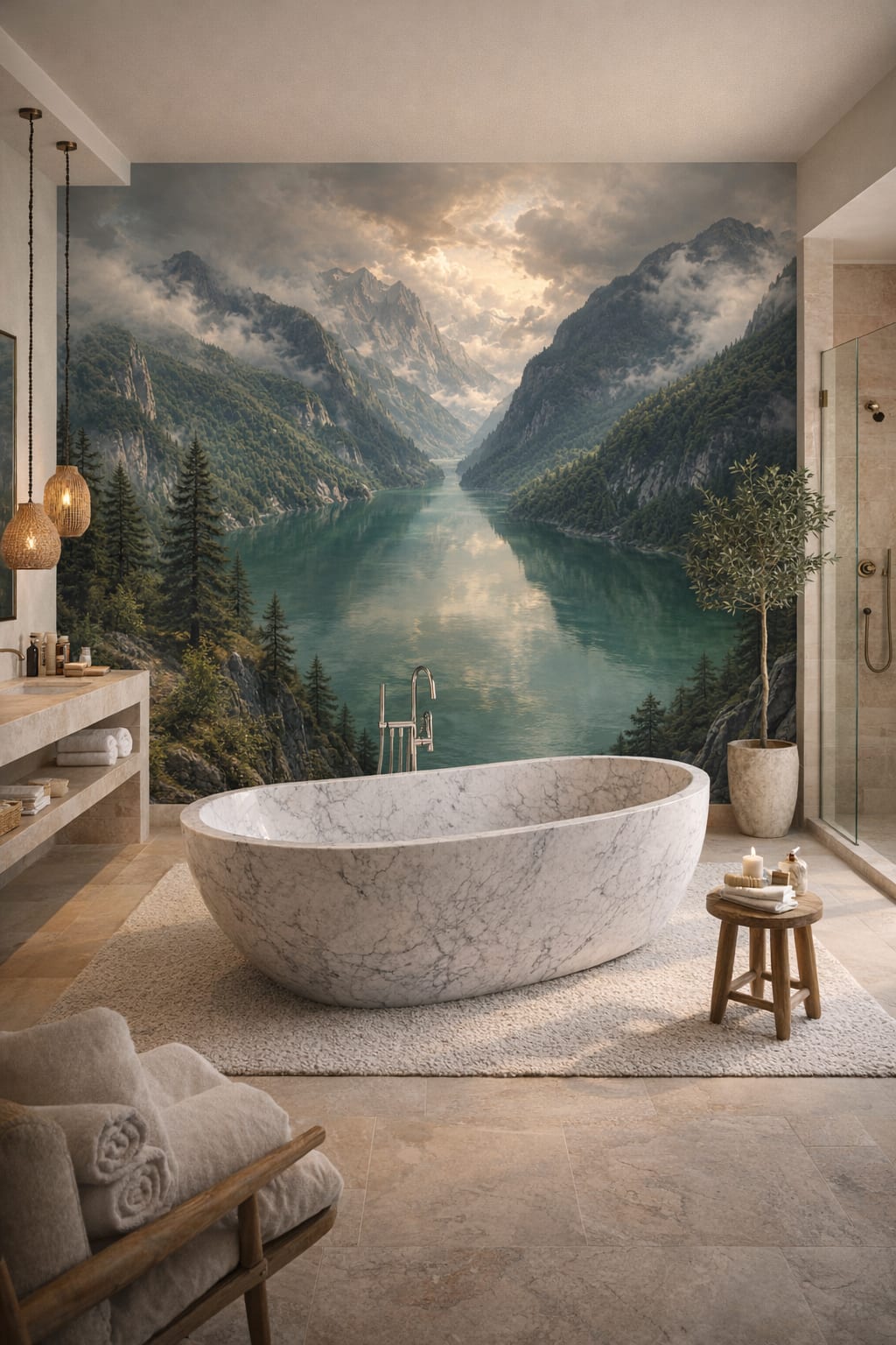 Mediterranean Modern blue-white alpine lake featuring mountain landscape - Wall Mural Peel and Stick Wallpaper for Mediterranean Modern Luxury Bathroom.