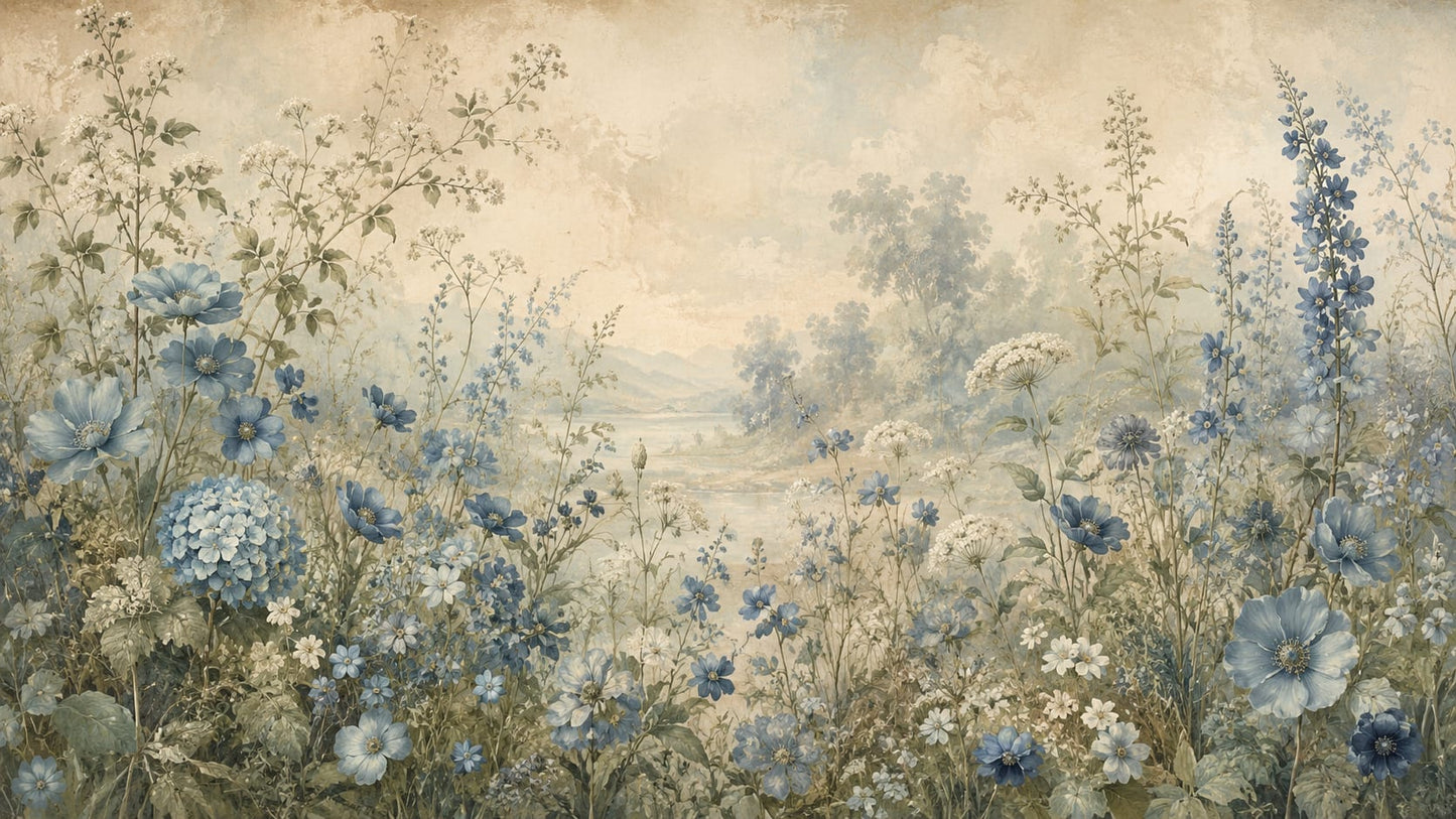 Ethereal Romantic Beige garden florals featuring meadow landscape - Wall Mural & Peel and Stick Wallpaper for Painterly Interiors and Premium Home Styling