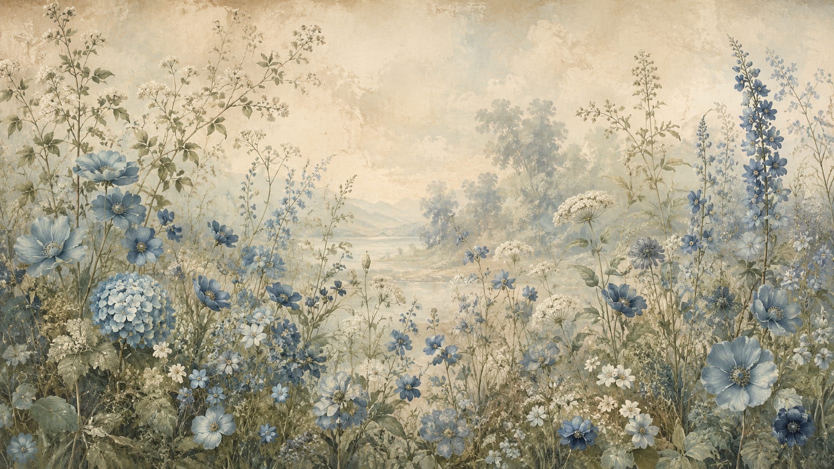 Ethereal Romantic Beige garden florals featuring meadow landscape - Wall Mural & Peel and Stick Wallpaper for Painterly Interiors and Premium Home Styling
