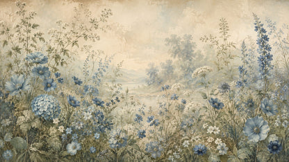 Ethereal Romantic Beige garden florals featuring meadow landscape - Wall Mural & Peel and Stick Wallpaper for Painterly Interiors and Premium Home Styling