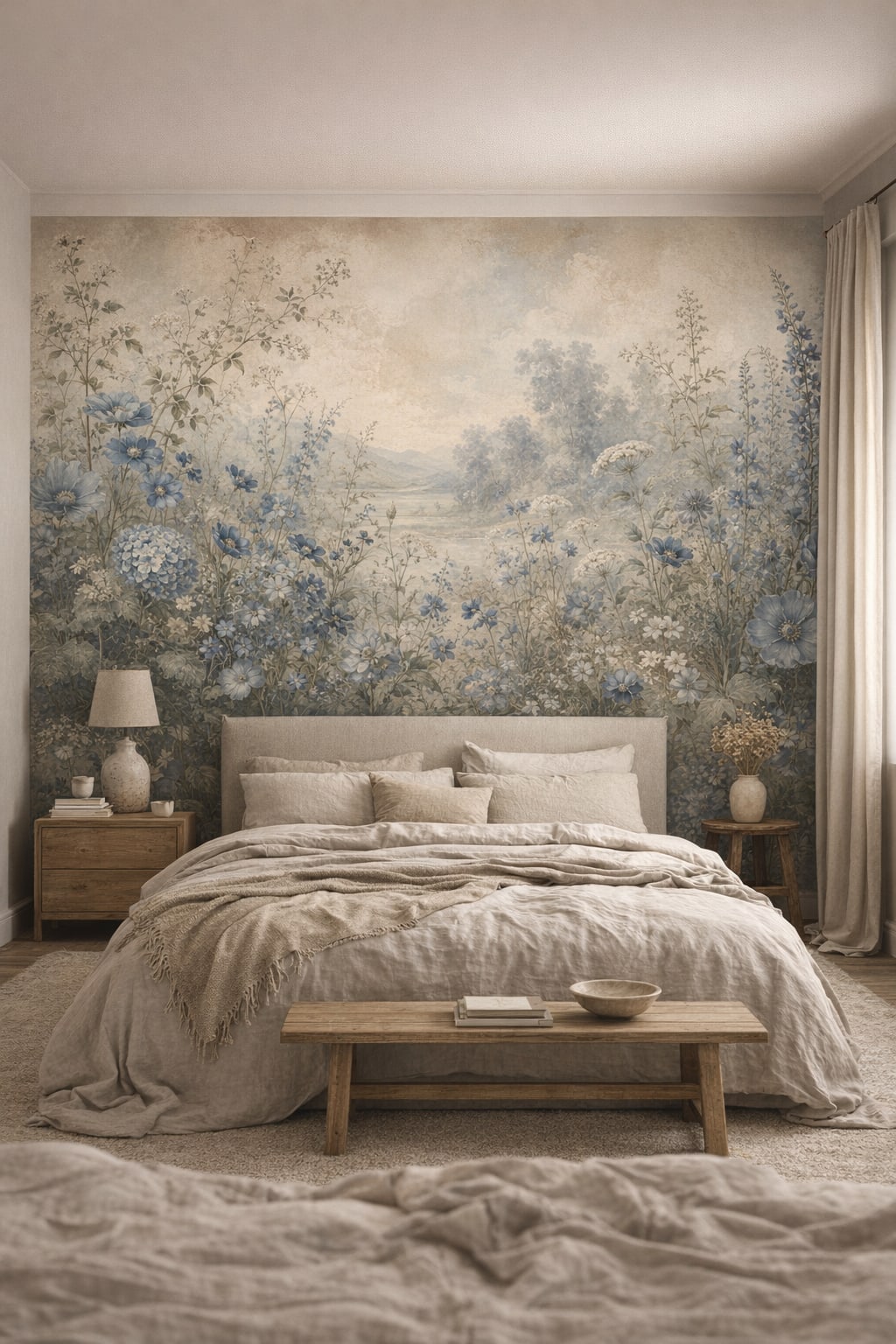 Wabi-sabi, muted earth-tone garden florals featuring meadow landscape - Wall Mural Peel and Stick Wallpaper for Wabi-sabi Master Bedroom.