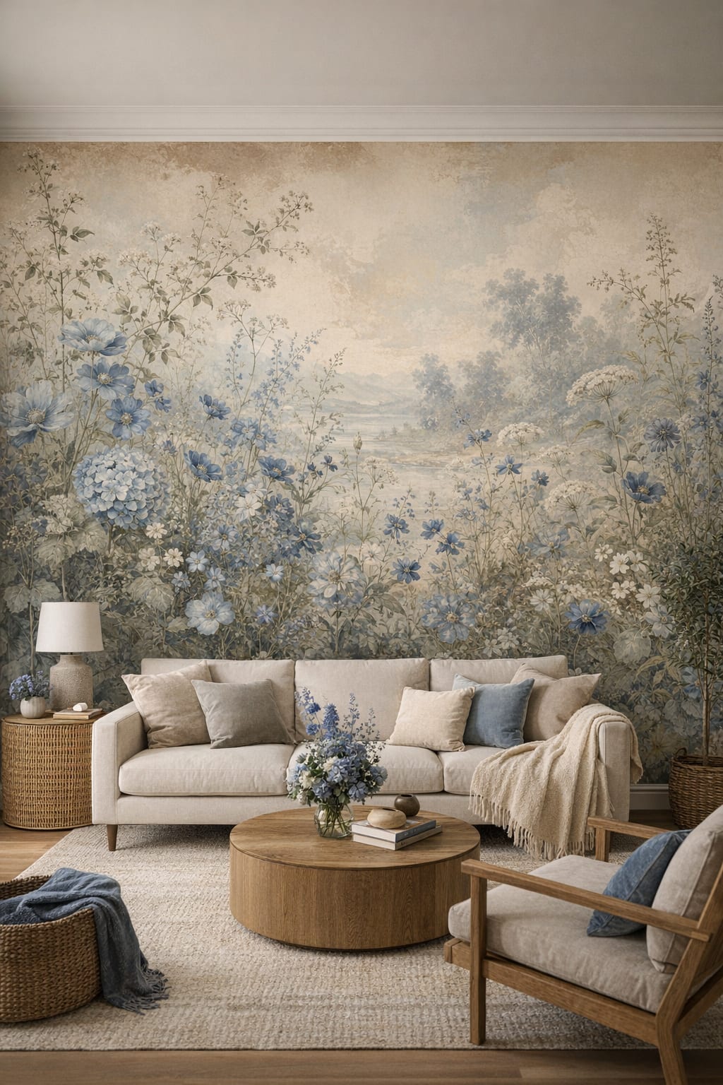 Biophilic green-neutral garden florals featuring meadow landscape - Wall Mural Peel and Stick Wallpaper for Biophilic Design Living Room.