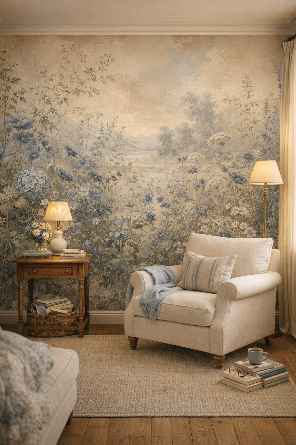Cream green garden florals featuring meadow landscape - Wall Mural Peel and Stick Wallpaper for English Cottage Reading Corner.