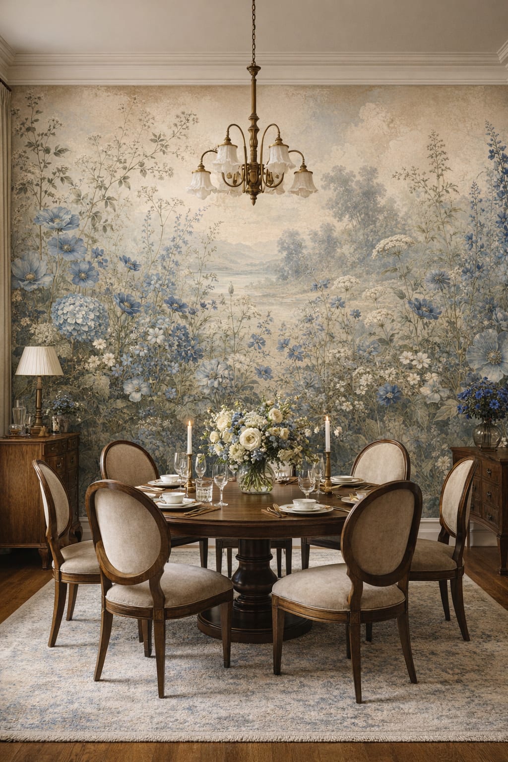 Art Nouveau green garden florals featuring meadow landscape - Wall Mural Peel and Stick Wallpaper for Art Nouveau Formal Dining Room.