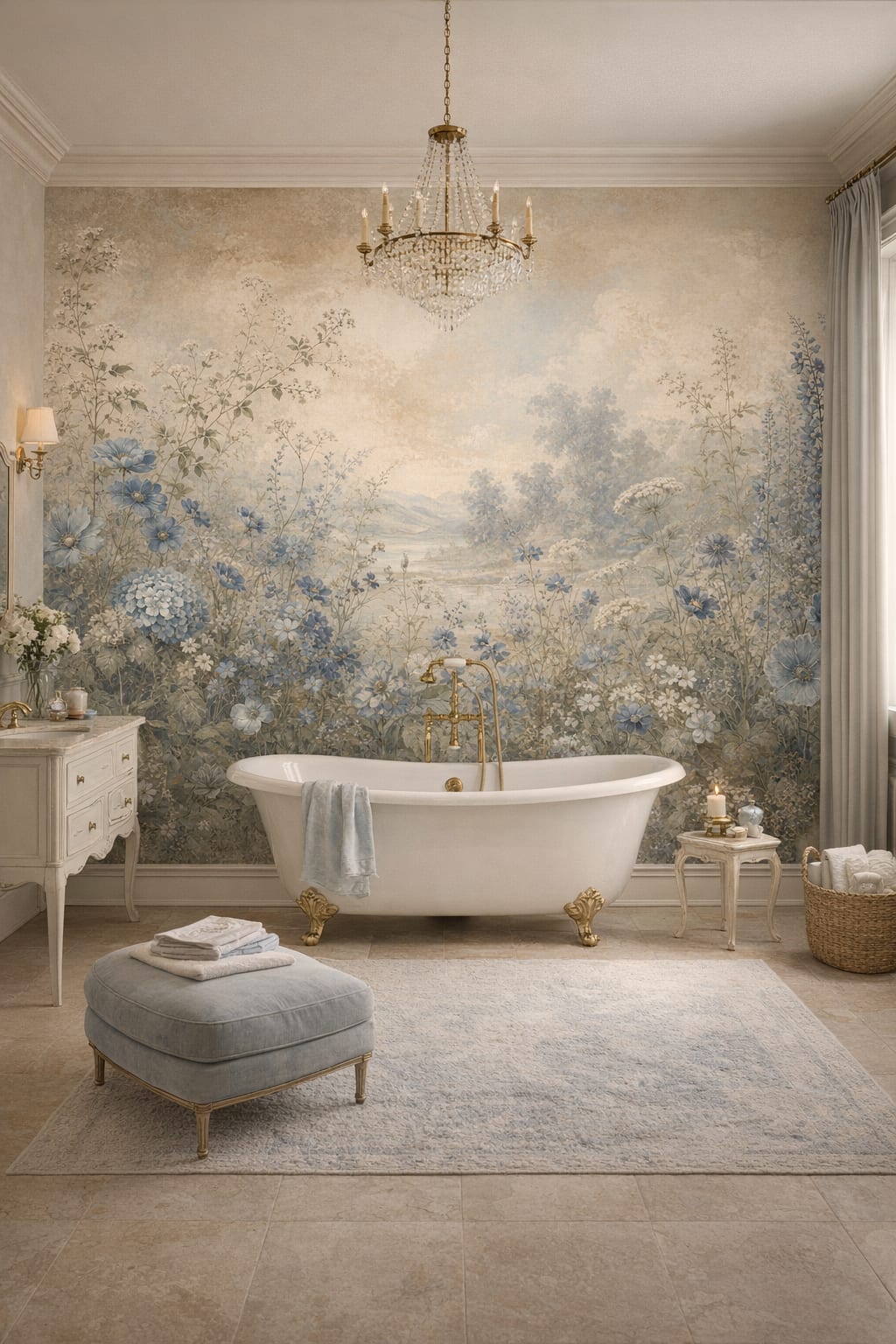 Gustavian bluish-gray garden florals featuring meadow landscape - Wall Mural Peel and Stick Wallpaper for Gustavian (Swedish) Luxury Bathroom.