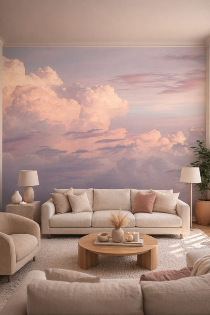 Organic Modern cream-toned clouds featuring pastel sky - Wall Mural Peel and Stick Wallpaper for Organic Modern Living Room.
