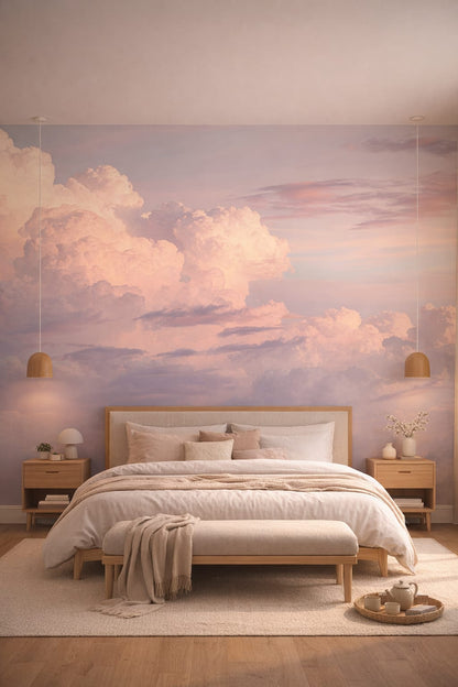 Japandi sand-toned clouds featuring pastel sky - Wall Mural Peel and Stick Wallpaper for Japandi Master Bedroom.